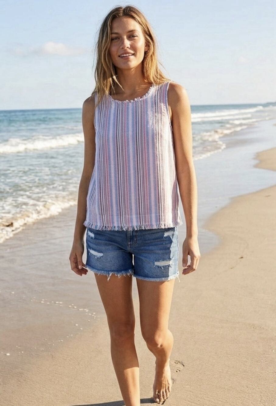 Red White & Blue Stripe Sleeveless Raw Hem Tank Coastal Nautical Americana S